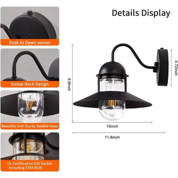 Dusk to Dawn Outdoor Lighting Wall Sconce,Porch Lights 2 Pack, Includes LED Bulb - Picture 6 of 7